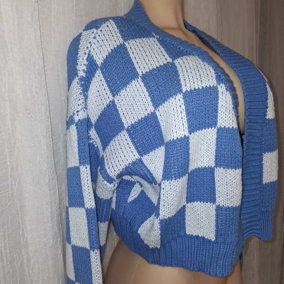 Blue Blush Blue and White Checkered Cardigan Women Size L - Picture 6 of 16